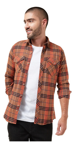 Camisa Leñadora Los Caballeros Camel Con Naranja Y Negro