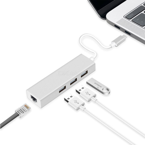 Tipo C Hub Rj45 Lan + 3 Puertos Usb 2.0 Para Mac Y Otros