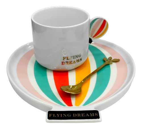 Set De Taza Plato Y Cuchara Ceramica Globo Colores 