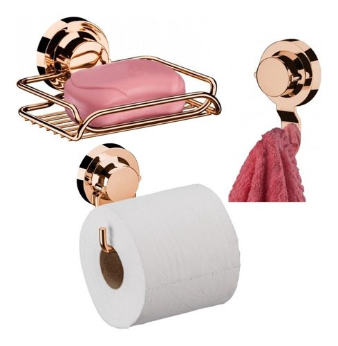 Kit Porta Papel Hig Toalha Gancho Sabonete Ventosa Rose Gold