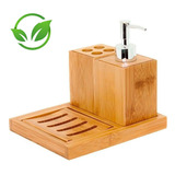 Kit De Banheiro Bambu Porta Escovas Sabonete Liquido E Barra