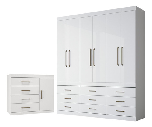 Guarda Roupa Casal 6 Portas 9 Gavetas + Comoda 1 Porta 4 Gav Cor Branco