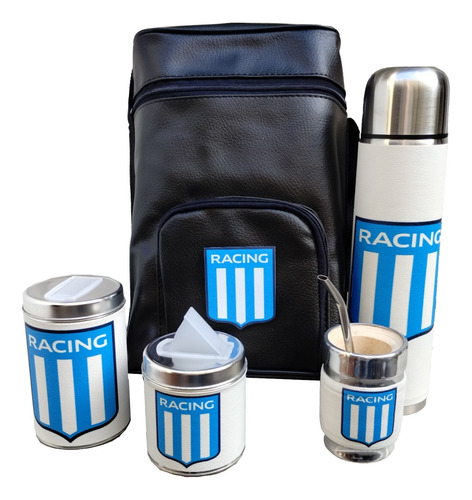 Set Matero Racing Club Completo Bolso Eco Cuero Termo 1l Acero Inoxidable Mate Madera Azucarera Yerbera La Academia 