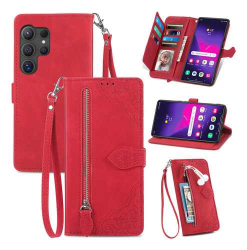 Funda De Piel Tipo Cartera Con Cremallera Para Samsung (roja