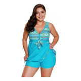 Traje De Baño Para Gorditas Curvy Blusón Falda Y Short