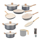 Set Hudson Gris Gray 13pz Jarro Bifera Panq Wok Ollas 