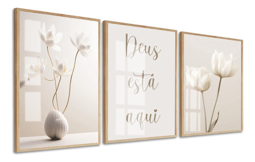 Quadros Decorativos Flor Bege Boho Deus Está Aqui Com Vidro