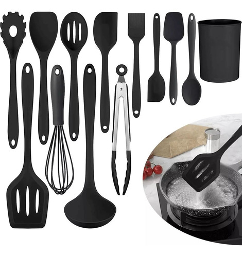 Utensilios De Cocina De Silicona Antiadherente Negra, 12 Pzs