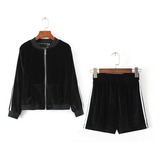 Conjunto Jaqueta Bomber Short Veludo Preto Listrado Importad