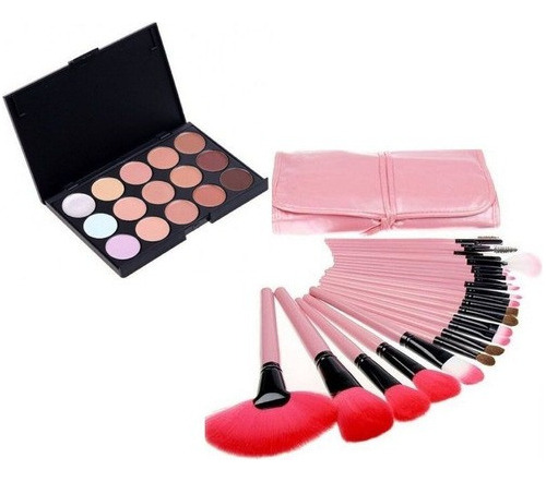 Kit Paleta De Base E Corretivo + Pincel Com 24 Pçs Rosa