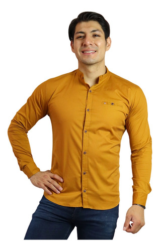 Camisa Lisa Manga Larga Para Hombre Slim Fit Cuello Mao