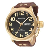 Relógio Masculino Magnum Original Prova D´agua Couro Marrom Cor Do Bisel Dourado Cor Do Fundo Preto