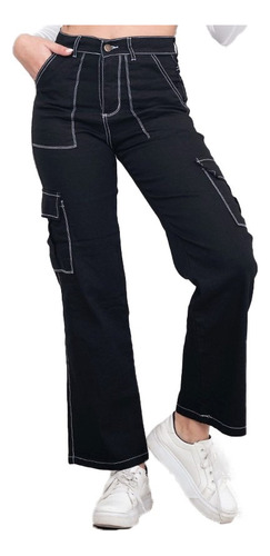 Pantalon Cargo Wide Leg Mujer Jean Negro Hilo Blanco Elastiz