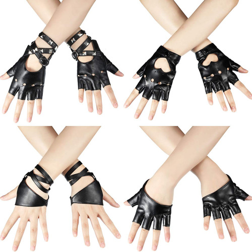 Piel Pu Adulto Punk Conducir Baile Medio Dedo Guantes 4 Par