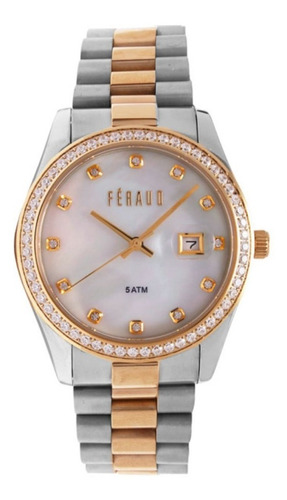 Reloj Feraud Mujer Acero Piedras Con Dorado 50mts Lf20036lcd