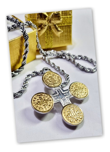 Cruz Medalla San Benito Dorada Acero Quirúrgico C/cadena