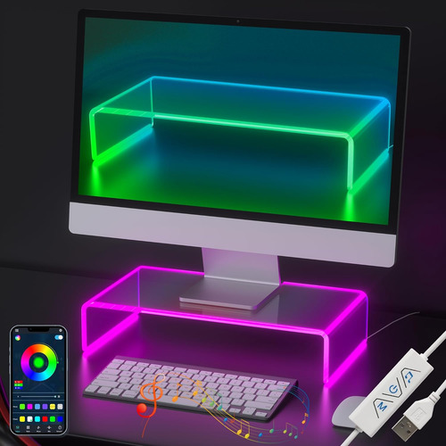 Soporte Acrílico Para Monitor Con Luz Led, Elevador Acrílico