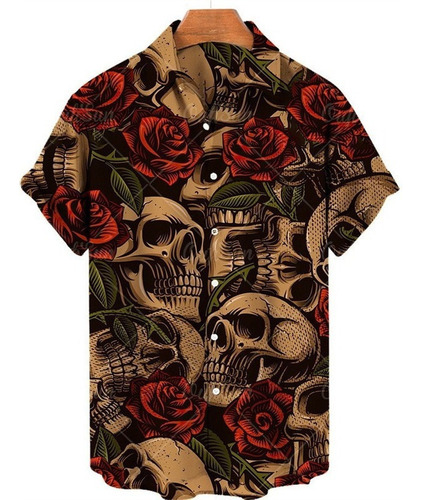 Camisa Casual Hawaiana De Hombre Con Estampado De Calavera