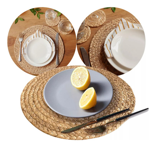 Set X4 Individuales Fibra Madera Tejido Natural Comedor 35cm