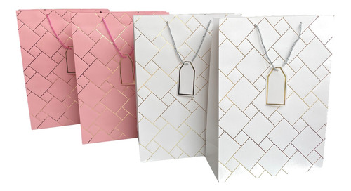 Pack 4 Bolsas De Regalo Elegantes 40x30x12cm Rosado Y Blanco