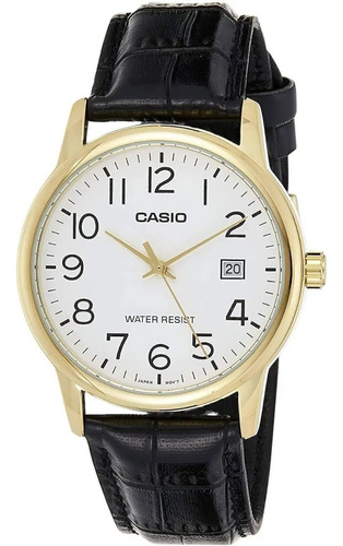 Reloj Pulsera Casio Enticer Mtp-v002 De Cuerpo Color Dorado, Analógico, Para Hombre, Fondo Blanco, Con Correa De Cuero Color Negro, Agujas Color Dorado, Dial Negro, Minutero/segundero Negro, Bisel Col