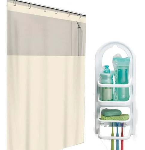 Kit Suporte Banheiro Porta Shampoo + Cortina Pra Box Bege