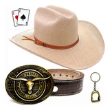 Kit Chapeu Cowboy Country Juta Cinto Fivela Adesivo Chaveiro