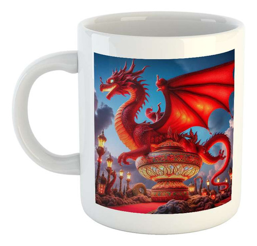 Taza Ceramica Dragon Rojo Lampara Maravillosa Arabe M1