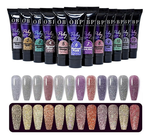 Poligel Nail Diamante 12piezas Para Decoración De Uñas 15ml