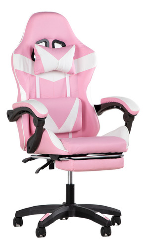 Silla Gamer Ergonómica Kingshouse Gamerred - Rosa Y Blanca - Respaldo Reclinable, Altura Ajustable, Base Con Ruedas 360, Reposabrazos Acolchados, Reposapies, Cojin Cervical - Hogar Oficina