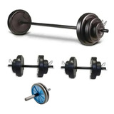 Barra + 2 Mancuernas + 30 Kg En Discos Con Manija Fitness Color Negro Discos 6 De 5 Kg + Rueda