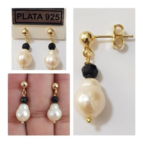 Aros Perlas Y Onix Bolita En Plata 925 Con Baño De Oro 18k