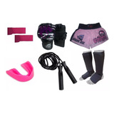 Kit Kick Boxing Rosa,guante+venda+bucal+short+tibial+soga