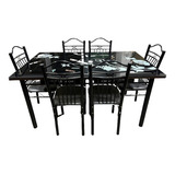 Juego De Comedor Con 6 Sillas Mesa Mdf Vidrio Rect. Negro