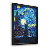 Quadro Gato Noite Estrelada Van Gogh C/ Moldura E Vidro A3