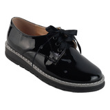 Zapatos Mujer Negro Charol Escolar Niñas Agujeta Casual 601