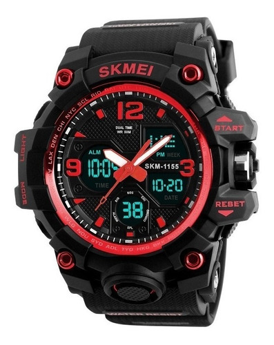 Reloj De Pulsera Skmei 1155 De Cuerpo Color Negro, Analógico-digital, Para Hombre, Fondo Negro, Con Correa De Poliuretano Color Negro, Agujas Color Blanco Y Rojo, Dial Rojo, Subesferas Color Negro, Mi