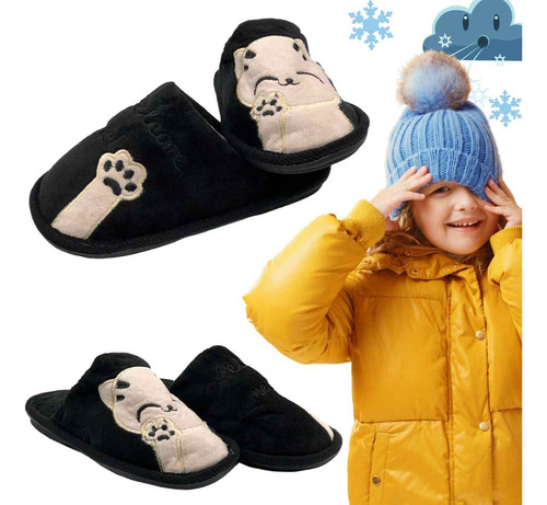 Pantufa Inverno Gatinho Infantil Criança Preta Confortável