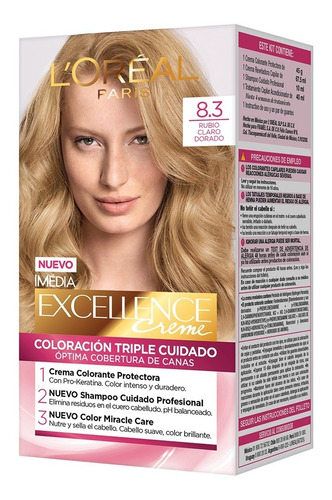 Tintura Permanente Loreal París Excellence Rubio Claro 8.3 Tono 8.3 Rubio Claro Dorado