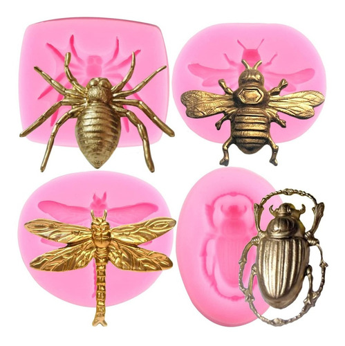 4pcs Molde De Silicona Libélula Abeja Araña Insectos Fondant