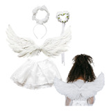 1 Set Disfraz De Angel Blanco Con Alas, Falda, Varita Y Corona Fiesta Infantil Pastorela
