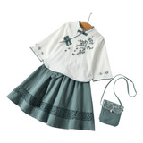 Conjunto De Niña Elegante Estilo Chino Top + Falda + Bolso