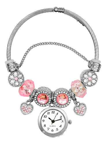 Reloj Mujer Dama Pulsera Acero Corazones Rosa + Estuche 