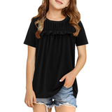 Girls White Round Neck Short Sleeve Loose Fit Tunic Tops