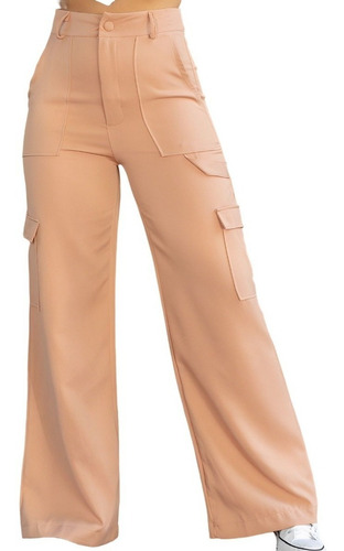 Calça Feminina Pantalona Alfaiataria Cargo Wide Leg Bolsos