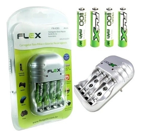 Carregador Flex Com 4 Pilhas Aaa 11000mah Bivolt