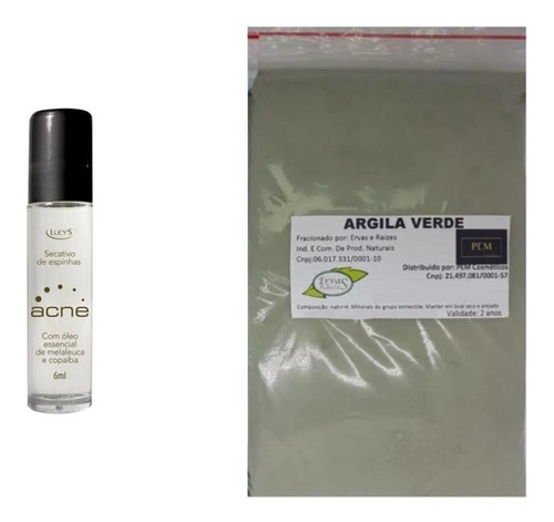 Argila Pura Verde 500g E Secativo Acne Roll-on Com Melaleuca