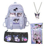 Mochila Escolar Kawaii Kuromi Con Estuche Para Lápices Para Color Violeta