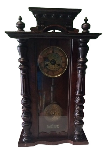 Antiguo Reloj Pared Madera Bronce Doble Cuerda Con Campana 