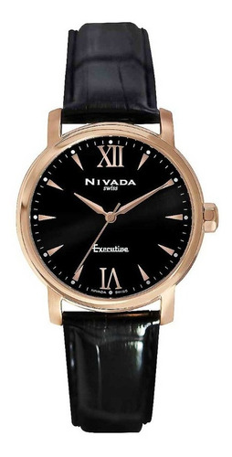Reloj Nivada Executive Dama, Pvd Oro Rosa, Piel Color Negro Bisel Pvd Rosa
